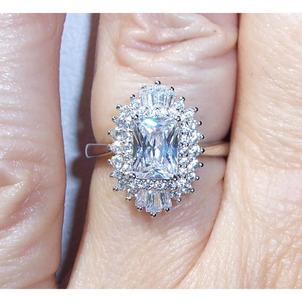 Antique Style Ring Radiant Cut CZ With Tapered Baguettes 925 Sterling Silver - Picture 4 of 16